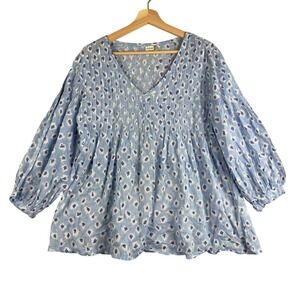 dolma V-neck 3/4 sleeve Blue Blouse Women's Size L‎  100% Cotton Top Shirt